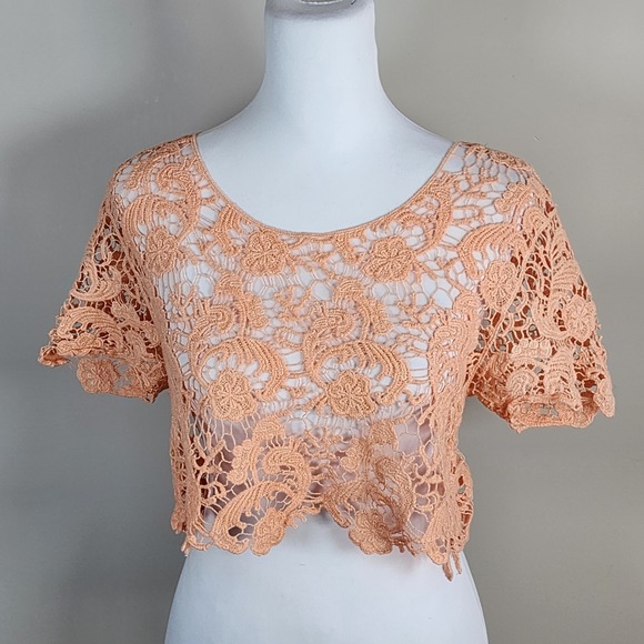 Streetwear Society Tops - Lace Crop Top Mesh Womens Medium Cotton Peach Fairy Y2K Style Festival Boho Top